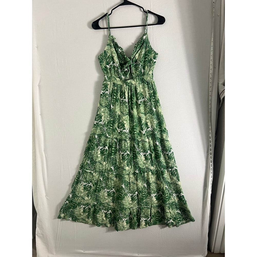 Tropical Green Leaf Print Tie Front Cutout Tiered Maxi Dress Smocked Back